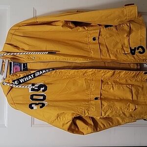 ES "Do what makes you happy." Yellow Hooded Cotton Barn Style Chore Jacket Sz Lg